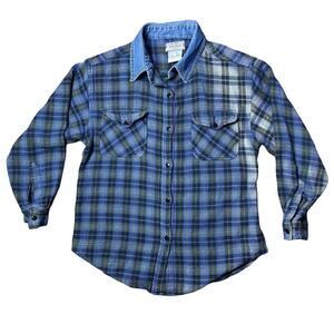 Vintage At Last Flannel Shirt Womens Sz M Blue Plaid Long Sleeve Denim Collar